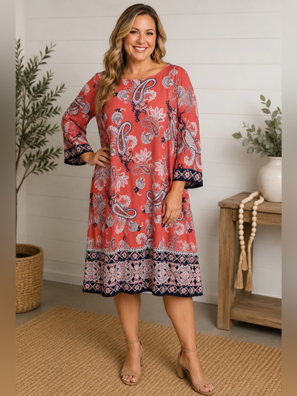 Studio One NY Coral Paisley Shift Dress Size XL Bell Sleeve Border Print Stretch